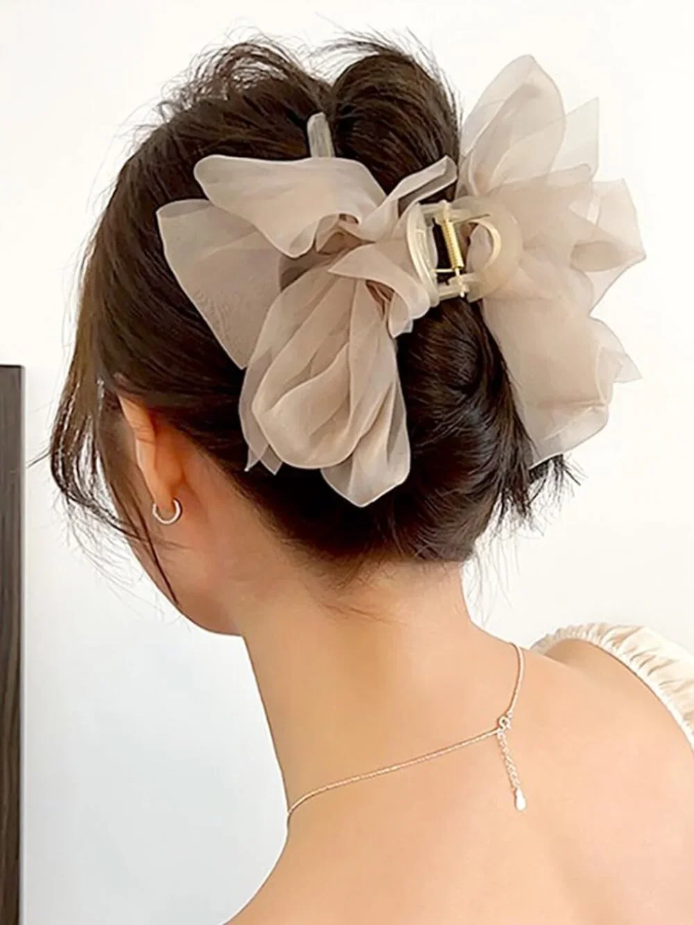 Hair Clip, Light Coffee Chiffon Bowknot Hair Claw Clips for Thick Hair, Large Cl - Picture 7 of 8